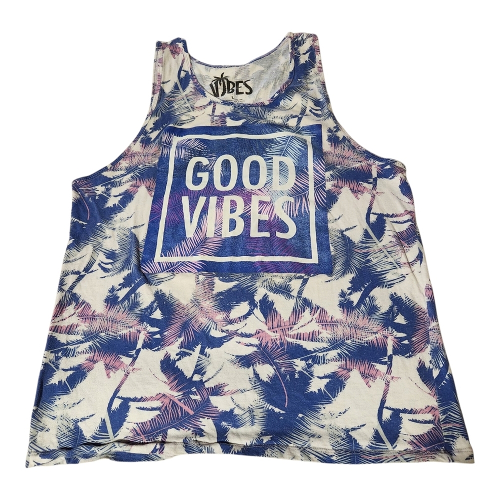 Vibes Mens Sz L Tank Top Cotton Blue Palm Trees "Good Vibes " Graphic T Shirt